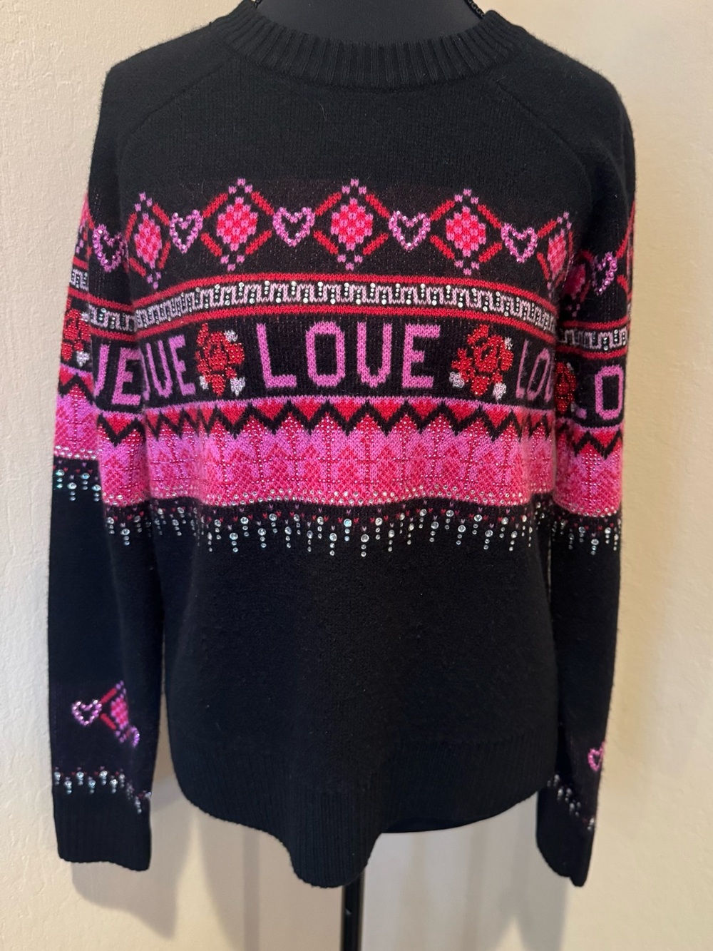 Johnny Was “Rosey” Black Sweater W/ Pink & Fuchsia LOVE 90% Wool 10% Cashmere